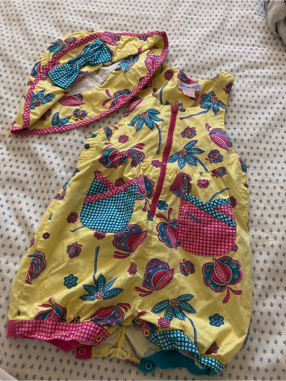 Gymboree Yellow Floral Romper with Matching sun hat 1993 rainbow tag